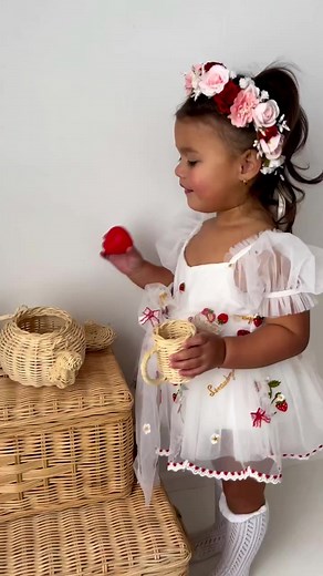 Cheeky little Ella wearing our Strawberry Shortcake White Romper 🍓🍰🕊️✨ @mason.and.ella https://arabellaandrose.com.au/product-category/baby-girl-special-occasion/ | Arabella And Rose