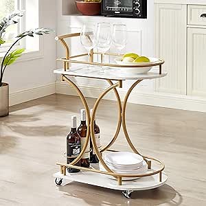 2-Tier Bar Cart with Wheels, Gold Rolling Home Bar Serving Cart with Wine Rack and Glass Holder, Rolling Alcohol Cart for Kitchen, Dining Room