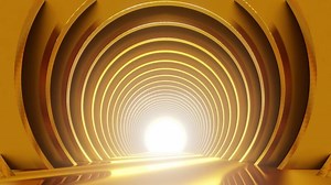 Empty gold tunnel corridor. Abstract interior curved frame geometric structure design for trade show display background.