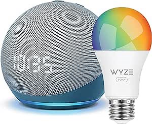 Echo Dot (4th Gen) | Smart speaker with clock and Alexa | Twilight Blue with Wyze Color bulb