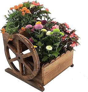 XIUSHE Luxury Rustic Flowerpot Outdoor Planters-Wagon Planters for Outdoor Plants Wood Flower Planter Wheel Box Decor for Climbing Plants Growing Garden Patio Yar (Vintage Planters)