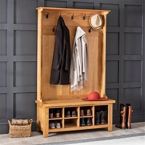 [Hot Item] Rustic 2 Tiers Oak Wooden Cabinet Tidy Shoe Storage Bench with Coat Rack for Entryway Hallway Furniture