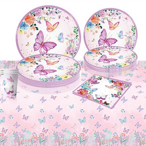 Purple Butterfly Happy Birthday Party Decoration Set Custom Paper Plates Party Supplies