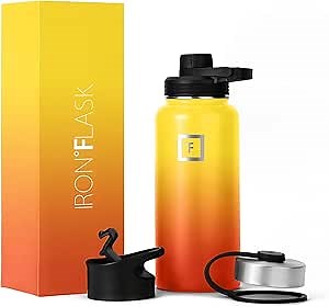IRON °FLASK Sports Water Bottle, 3 Lids (Spout Lid), Vacuum Insulated Stainless Steel, Hot Cold[Fire][32 oz]