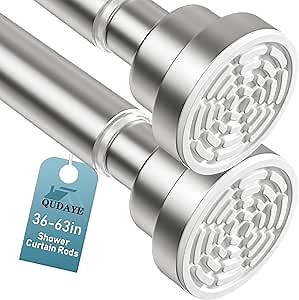 2Pack Shower Curtain Rods 36 To 63 Inch Silver Tension Curtain Rod No Drilling Adjustable Expandable 7/8" Spring Loaded Curtain Rod for Window Closet Bathroom Kitchen Bedroom Doorway Door