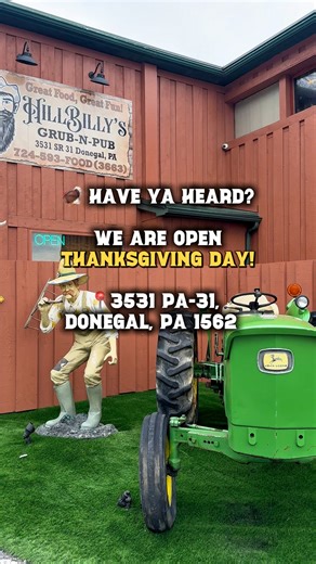 Thanksgiving Day at Hillbilly’s Grub N Pub! 🦃 Join us this Thursday, November 27th from 10AM–5PM for a delicious holiday feast! Pricing: • Adults: $36 • Kids 12 & under: $18 ⭐️ Reservations highly recommended! 🍗 Meats: • Slow Roasted Turkey Breast with gravy • Pot Roast • Maple Glazed Ham 🥘 Fixin’s: • Baked Homemade Stuffing • Sweet Candied Yams • Green Bean Casserole • Gouda Mashed Potatoes • Buttered Sweet Corn 🍰 Somethin’ for yer sweet tooth: • Pumpkin Pecan Cheesecake • Caramel Apple Pie