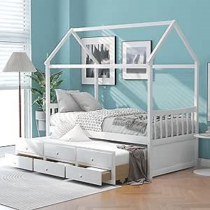 Twin Size House Bed with Trundle and 3 Storage Drawers, Twin Captain's Beds Wooden Storage Daybed Frame for Kids Teens Boys Girls - White