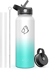 BUZIO 40oz Insulated Water Bottle with Straw Lid and Flex Cap, Wide Mouth Vacuum Insulated 18/8 Stainless Steel Double Wall Water Flask, Keep Cold for 48 Hrs Or Hot for 24 Hrs, White and Green