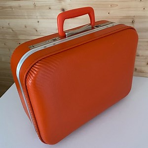 Vintage Retro Mod Orange Vinyl Suitcase Mid Century Travel Luggage 60s 70s Vibe