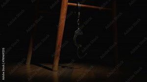 Handcuffs hang and swing chained to chair in dark room.