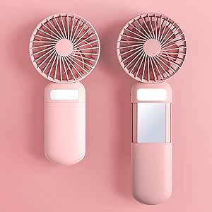 Mini Handheld Fan, Portable Fan Battery Operated, Small Personal Fan USB Rechargeable, 3 Speed Adjustable Hand Fan with Mirror & LED Fill Light, Makeup lash Fan for Women Girls Travel Office