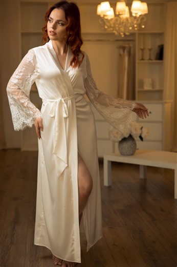 Bridal Robe Long Lace Bride Getting Ready Outfit Silk Robe Women - Etsy