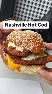 34K views · 327 reactions | Nashville Hot Cod Sandwich? Oh, it’s real.  Oui Melrose just dropped a fiery new banger—crispy cod drenched in Nashville Hot sauce, layered with melty cheese, tartar, and a stack of pickles. It’s a punch of flavor that’ll have you coming back for another round 奈 | Foodbeast | Facebook