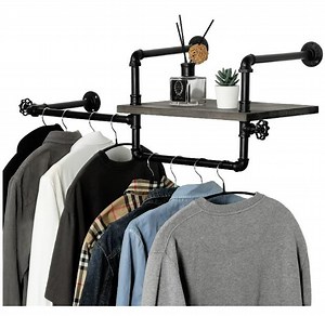 [Hot Item] Industrial Garment Closet Hanging Organization System Wall Mounted Black Metal Pipe Clothing Rod Rack