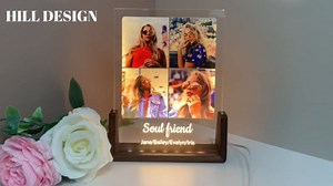 Custom Acrylic Picture Frame, Personalized Walnut Photo Frames LED Night Light, Customized Family Photos Plaque Birthday Gifts for Family Couple Dad