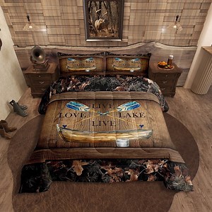 Lake House Comforter Set Queen Lake Paddle Boat Bedding Set Gifts For Men Women,Rustic Cabin Camo Bedding Comforter Sets Woodland Tree Branch Leaves Camouflage Bed Set 3 Pcs