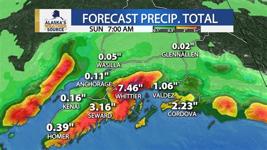 Heavy rain will lead to several inches of rainfall for the E. Kenai and W. Prince William Sound. While inland areas will largely stay dry, some showers look to arrive into the evening. In addition to the rain, expect gusty winds for parts of Southcentral. | Alaska's Weather Source