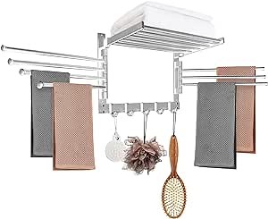 AUROPEAK Clothes Drying Rack Wall Mounted, Laundry Drying Rack Clothing, Drying Racks for Laundry with Swivel Towel Arms and Hanging Hooks, Space Organization for Laundry Room, Bathroom, Aluminum
