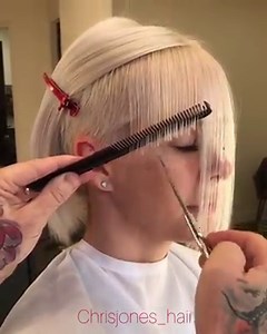 * Bangin Bob ✂️ by @chrisjones_hair I like to approach a fringe working from the temple to the center. Combing the hair in it’s natural fall similar to cutting a bob. If texture is what you’re looking for, leave half an inch or so on the initial cut to insure they don’t end up too short during the texturizing! 👉GO TO ARCSCISSORS.COM for more!!! | BehindTheChair.com