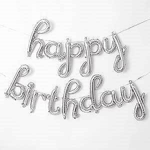 18-inch Happy Birthday Balloon Banner|Script/Cursive letter balloon set suitable for birthday party decor/decoration|Foil Mylar Happy birthday banner (Silver)