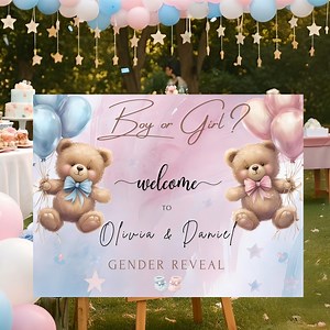 Ours en peluche garçon ou fille signe affiche de bienvenue pour baby shower rose et bleu modifiable en téléchargement numérique - Etsy France