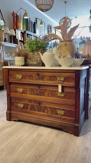 Just listed! This Antique Eastlake Dresser is a perfect choice for any home. Crafted from high-quality materials, its white marble top and antique design make it both attractive and stylish. This dresser is a timeless piece sure to be admired for generations. This dresser measures 40”w x 18”d x 28.75”h | Shackteau Interiors