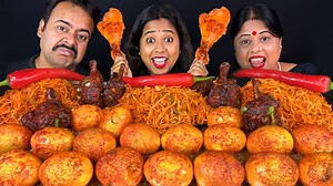 Spicy Chinese Food Challenge - Spicy Noodles, Lots Of Spicy Egg Curry, Spicy Chicken Lollipop Eating | Indian Eating Show