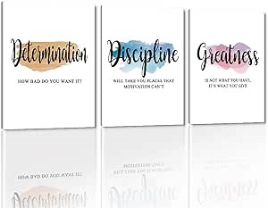 Motivational Office Wall Art - Determination Discipline Greatness Inspirational Wall Decor Positive Quotes Posters Entrepreneur Pictures Success Artwork for Home Study Room Decor (12"x16"x3Pcs)