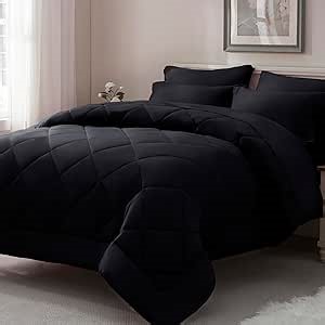 ELNIDO QUEEN® King Comforter Set Black- 7 Pieces King Size Bed in a Bag, Bed Set for All Seasons, Ultra Soft Bedding Sets with Comforter, Flat Sheet, Fitted Sheet, Pillowcases and Pillow Shams