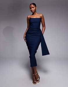 Vesper bengaline strapless square edge draped front midi dress in navy | ASOS