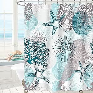 Extra Long Shower Curtain 72 x 96 Inch, Floor to Ceiling X-Long Tall Beach Ocean Shower Curtain, Summer Seashell Starfish Coral Nautical Coastal Shower Curtains for Bathroom Decor, Teal Blue