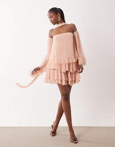 TFNC bardot chiffon lace mini dress with scarf in pale pink | ASOS