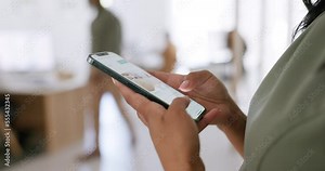 Hands, phone and business woman in office for research, internet browsing or social media. Tech, cellphone and female employee with mobile smartphone on website, app or web scrolling in workplace.