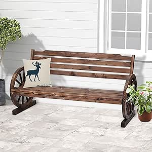 JSUN7 Wagon Wheel Bench Outdoor - 55 Inches Wooden Outdoor Garden Bench Seat with Backrest, Outdoor Bench Patio Furniture, Rustic Brown Bench for Porch Yard Lawn Patio