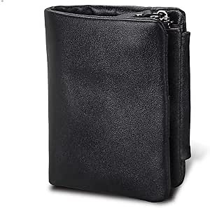 Black Trifold Wallets for Men RFID Blocking Durable Soft Crazy Horse Leather Tri Fold Wallet Retro Credit Card Holder Zipper Purse