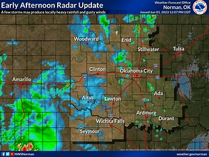 12:00 PM Radar Update: A few areas of scattered showers and storms have emerged across the I-35 corridor. While severe weather is not expected with this activity, locally heavy rainfall and gusty winds are possible. | US National Weather Service Norman Oklahoma