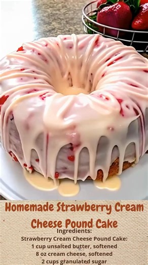 Strawberry Cream Cheese Pound Cake with Strawberry Glaze ✨🍰 Full printable recipe with all the details and baking tips 👉 👉👉 https://cakecrafted.com/strawberry-cream-cheese-pound-cake/ | Cakecrafted Recipes