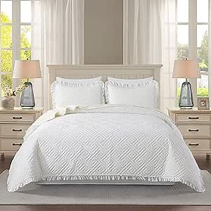 JML 3 Pieces Reversible Quilt Set Queen with Ruffle Pleats, Queen Size Bedspread with 2 Pillow Shams - Velvet Queen Quilt Bedding Set for All Season, White/Ivory