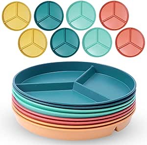 9.6 Inch Adult Portion Control Plates, 8 Pieces Unbreakable Lunch Divider Plates, 3 Sections Of Round Plastic Separate Plates, Reusable Divider Plates For Healthy Eating And Weight Loss