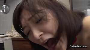 Old Asian man Yasushi Goto strips big tits Japanese mature lady Suzune Yagami and fucks her deep throat then pounds her hairy pussy