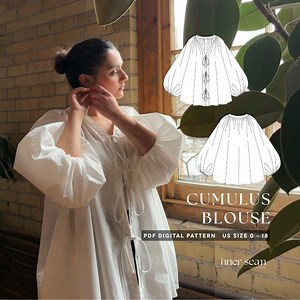 Cumulus Blouse PDF Sewing Pattern | Oversized Puff Sleeve Tie Top In-Seam Pocket Blouse Style | Detailed Tutorial | US 0-18