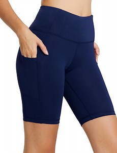 BALEAF Biker Shorts Women Yoga Gym Workout Spandex Athletic Running Volleyball Tummy Control Compression with Pockets 8" Navy Blue Size XL