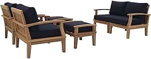 Modway EEI-1597-NAT-NAV-SET Marina Premium Grade A Teak Wood Outdoor Patio Furniture Set, 6 Piece, Natural Navy