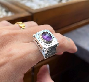 Amethyst Sterling Silver Tarot Card Ring: Engraved Snake & Sparkles - Etsy