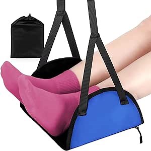 HAYVAN Airplane Footrest with Comfortable Latex Cushion for Long Flights - Portable Adjustable Airplane Desk Foot Hammock to Relax Your Feet and Leg in Plane, Office, Home (Blue)