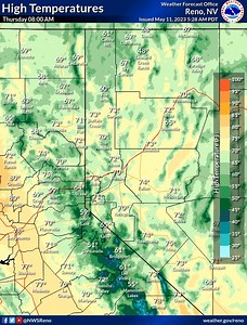 1.6K views · 47 reactions |  Plan on warmer temperatures, light winds, and dry conditions through Saturday.  Chances for showers and thunderstorms return on Sunday, and will stick with us for much of next week.  The warm up will accelerate snow melt and enhance flows on waterways around the region this weekend and into next week. | US National Weather Service Reno Nevada | Facebook