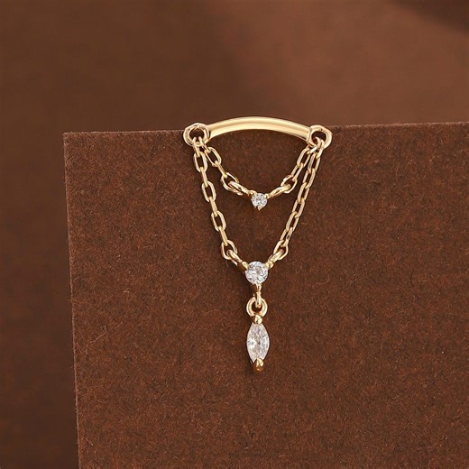 14K Solid Gold Dangle Chain Hidden Helix Earring/cz Double Chain Cartilage Flat Back Stud/ Threadless Push Pin/helix Lobe Conch Piercing - Etsy