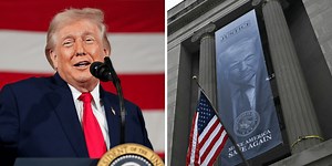 Trump banner erected outside DOJ slammed as ‘shameful’ and ‘beyond parody’