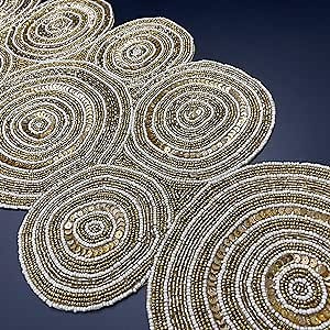 Enliven Handmade Table Runner, Beaded Table Runner, Gold Bead and Sequin Runner, 13x36inch