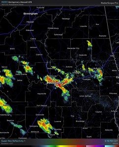 5:38p: Radar Showers and thunderstorms continue over parts of Central Alabama. Heavy rainfall in Montgomery has led to the issuance of a Flood Advisory. #alwx | US National Weather Service Birmingham Alabama